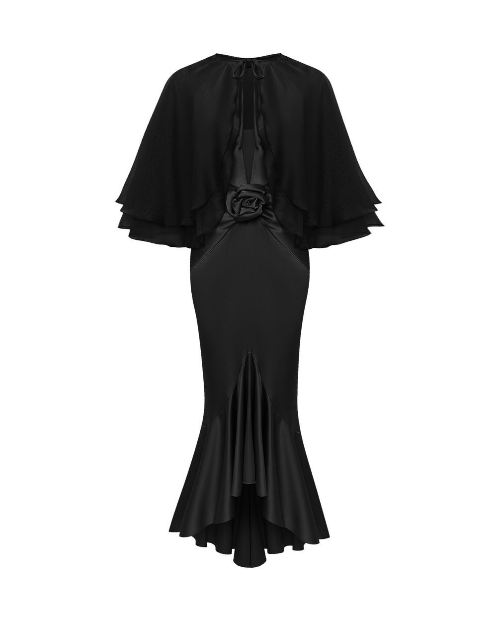 Платье миди из сатина и кружева с цветком и укороченным кейпом