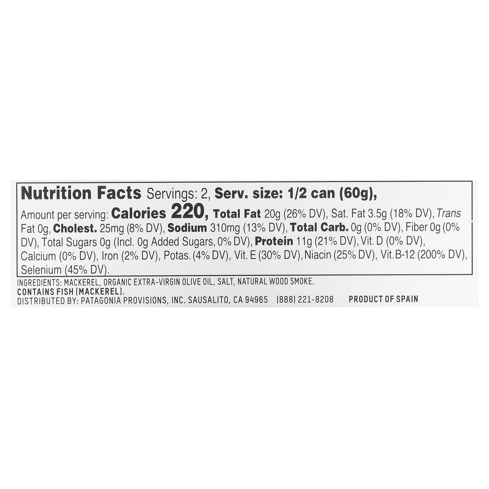 Patagonia Provisions, Копченая скумбрия в органическом оливковом масле первого отжима, 120 г (4,2 унции)