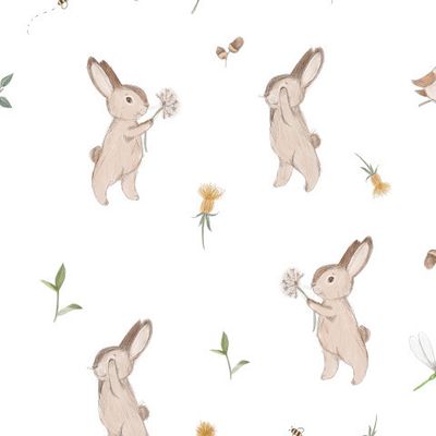 Зайки и одуванчики на белом