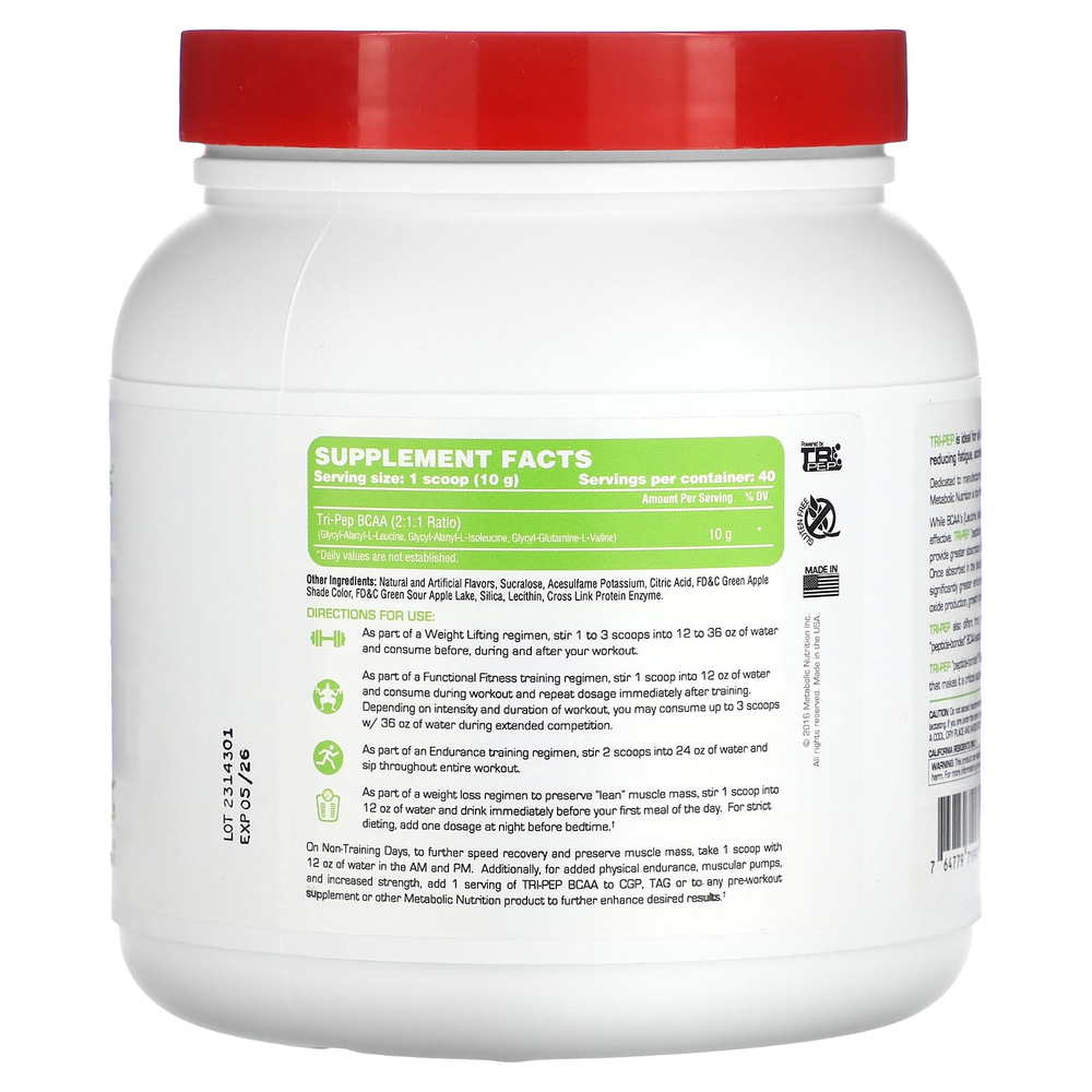 Metabolic Nutrition, Tri-Pep, аминокислота с разветвленной цепью, зеленое яблоко, 400 г (14,1 унции)