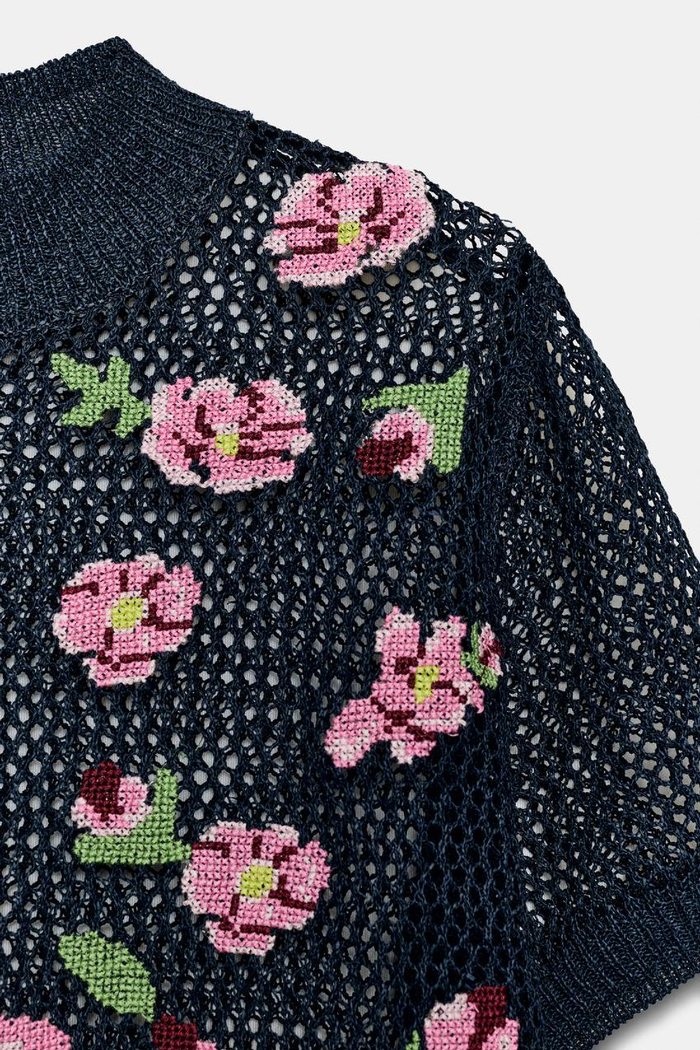 ZARA ТОП С ВЫШИТЫМИ ЦВЕТАМИ, СИНИЙ