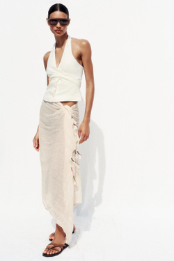 ZARA ШАРФ ИЗ СМЕСОВОГО ЛЬНА С ПОМПОНАМИ, ЭКРЮ