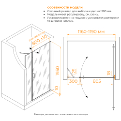Душевая дверь RGW LE-008 (LE-003 + Z-09 + профиль A-14) (Прозрачное, 1200)