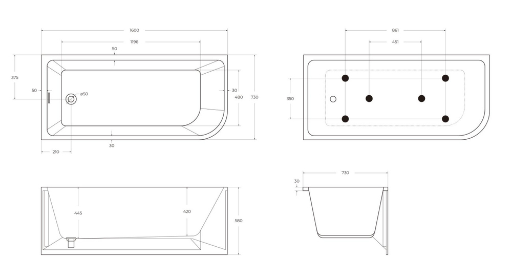 Асимметричная угловая акриловая ванна BelBagno BB712-1600-730-L