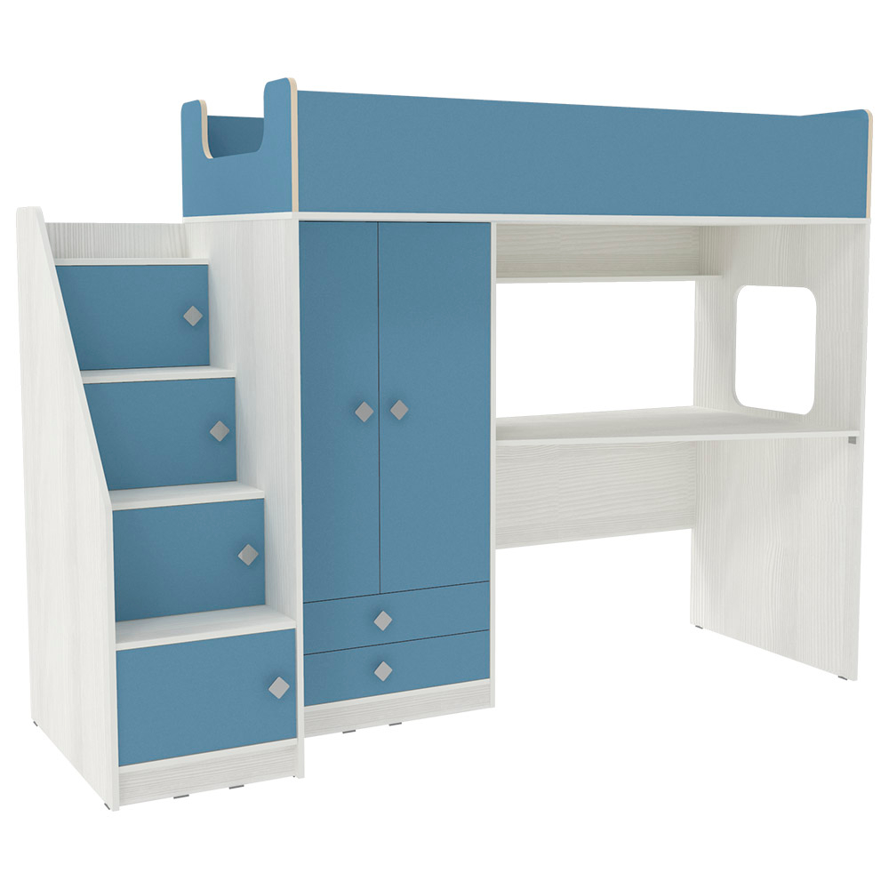 Кровать-чердак КарИВи Л-А606.3 75x175 Белое Дерево Светло-синий, голубой