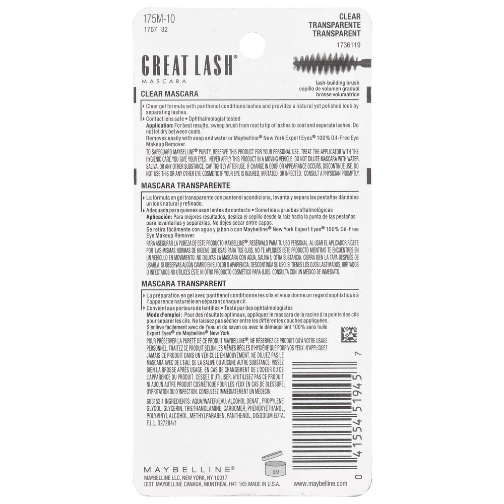 Maybelline, Great Lash®, тушь для ресниц, 110 Clear, 13 мл (0,44 жидк. унции)