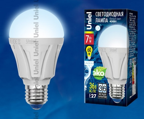 LED-A60-7W/NW/E27/FR/36V ALP01WH Лампа светодиодная. Форма A, матовая колба. Материал корпуса алюминий. Рабочее напряжение 36В. Цвет свечения белый.