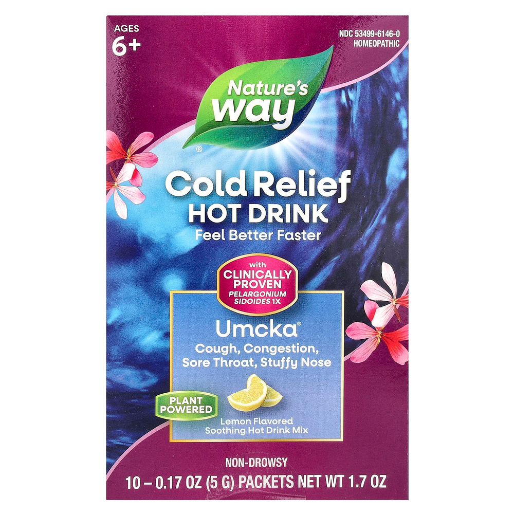 Nature's Way, Umcka®, Cold Relief, успокаивающая смесь для горячих напитков, для детей от 6 лет, лимон, 10 пакетиков по 5 г (0,17 унции)