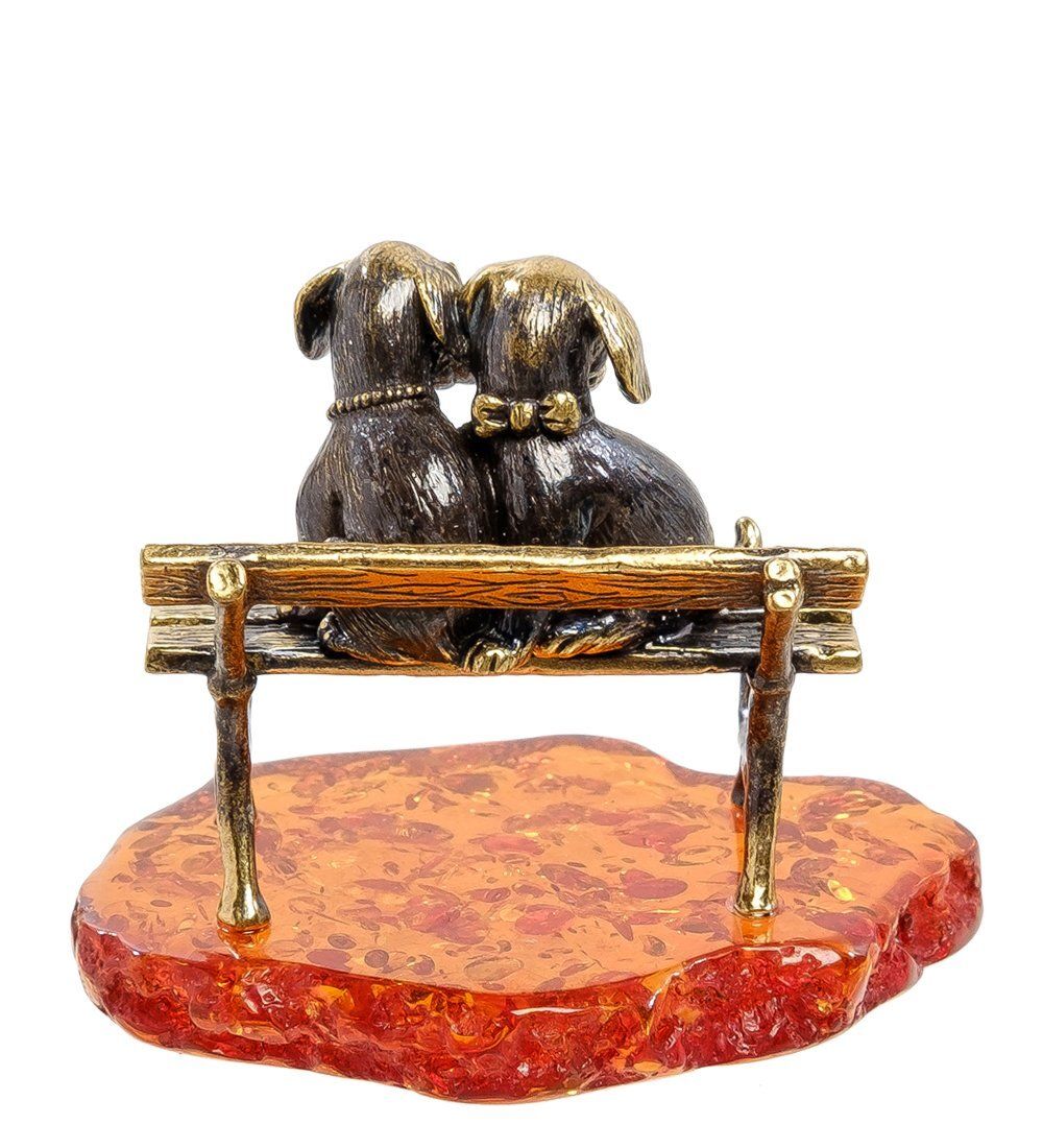 Народные промыслы AM-2194 Фигурка «Щенята на скамейке» (латунь, янтарь)