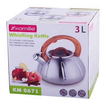 Чайник 3 л. из нержавеющей стали со свистком Kamille KM 0671 со стеклянной крышкой