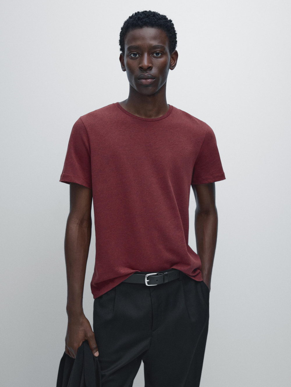 Massimo Dutti Легкая меланжевая футболка из хлопка, сливовый