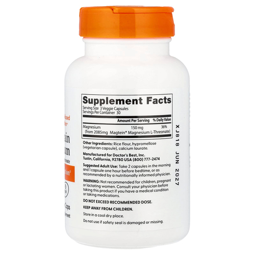 Doctor's Best, магний для мозга с Magtein®, 90 растительных капсул (50 мг в 1 капсуле)