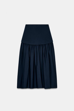 ZARA ЮБКА МИДИ ИЗ ИНТЕРЛОКА С КОНТРАСТНЫМИ ДЕТАЛЯМИ, МОРСКОЙ СИНИЙ