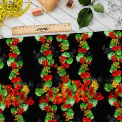 Ткань шелк Армани красные цветочки с зеленью