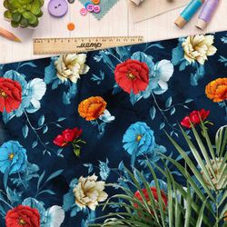 Ткань шифон цветочное великолепие на синем