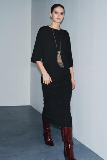 ZARA ТРИКОТАЖНАЯ ЮБКА МИДИ, ЧЕРНЫЙ