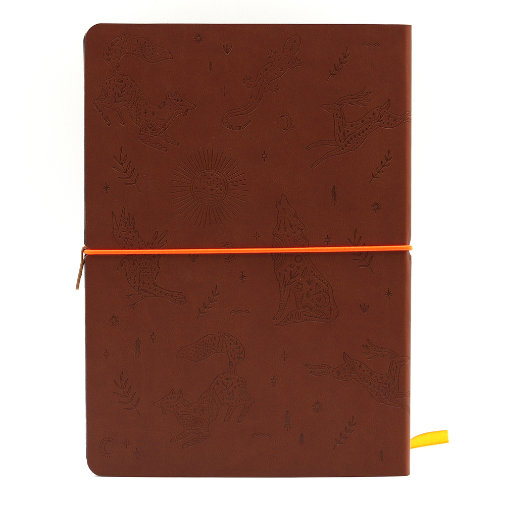НОВИНКА! Блокнот "Тотемные животные" в клетку А5 128 листов, гибкая обложка из экокожи (цвет коричневый) с блинтовым тиснением рисунка по полю