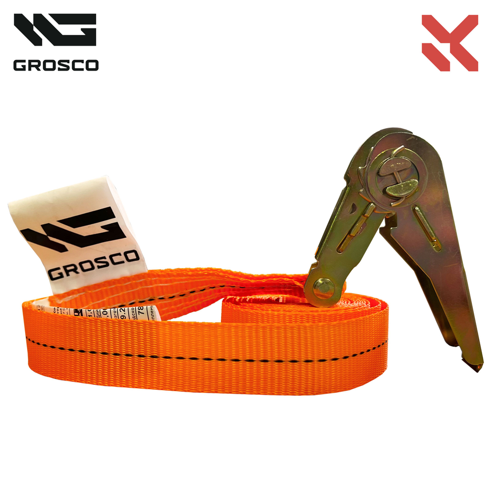 Комплект ремней 1т (2т) / 5м / 25мм (2 шт) стяжных кольцевых GROSCO для крепления груза с храповым механизмом