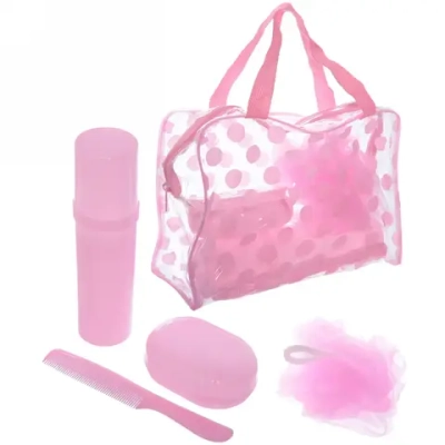 Набор банный дорожный 4шт «Traveler - Горошек», микс 2 цв., (мочалка, футляр 2шт, расческа), 20*15*6см●