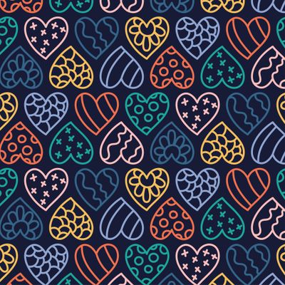 Любовь. Яркие сердечки на темно-синем фоне