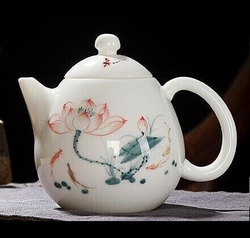 242098.4 Чайник БЕЛЫЙ НЕФРИТ "Лотос" ручная роспись, h=100мм, L=125мм, 250мл, фарфор белый