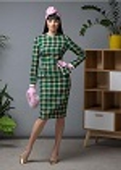 04-01-23 FW Приталенное твидовое платье в клетку, зелёный, розовый, синий