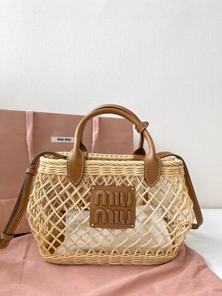 Miu Miu Woven Fabric Handbag With Leather Trim
