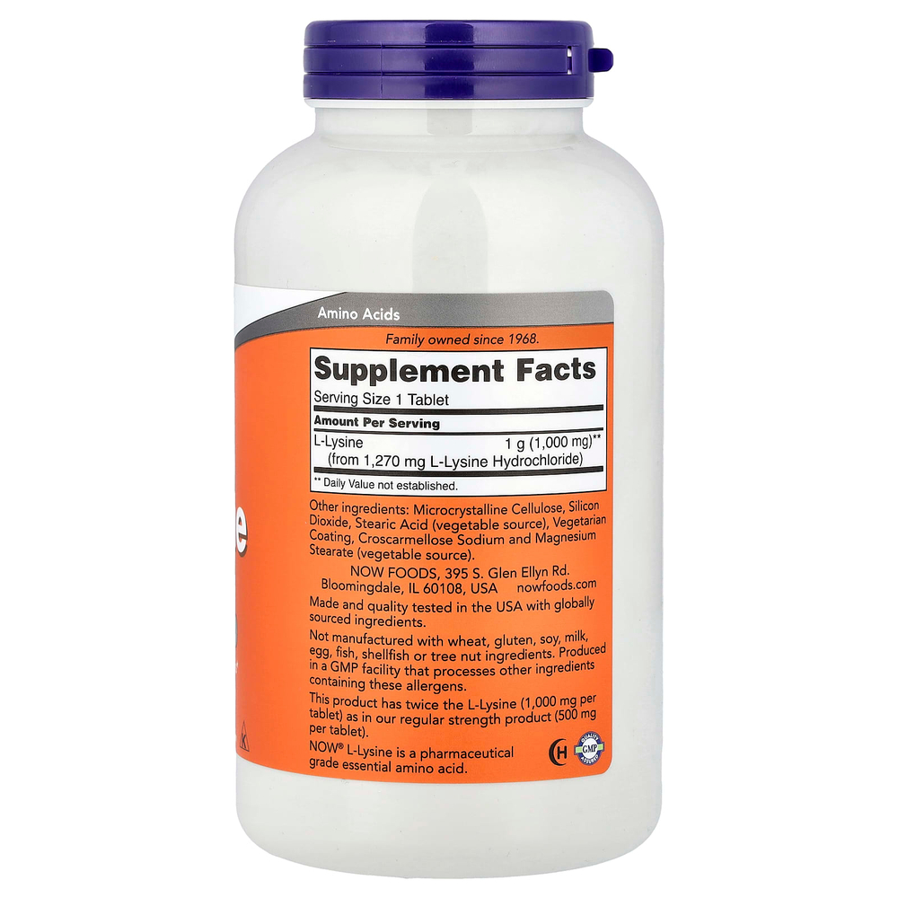 NOW Foods, L-лизин, 1000 мг, 250 таблеток