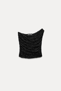 ZARA КРУЖЕВНОЙ КРОП-ТОП АСИММЕТРИЧНОГО КРОЯ, ЧЕРНЫЙ