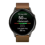 Спортивные часы Garmin Venu 4, 45 мм, коричневый кожаный ремешок, чёрный силиконовый ремешок Безель из нержавеющей стали сланцевого цвета, корпус сланцевого цвета, AMOLED-дисплей со стеклом Gorilla Glass. Ремешок с классической застёжкой — на запястье обх