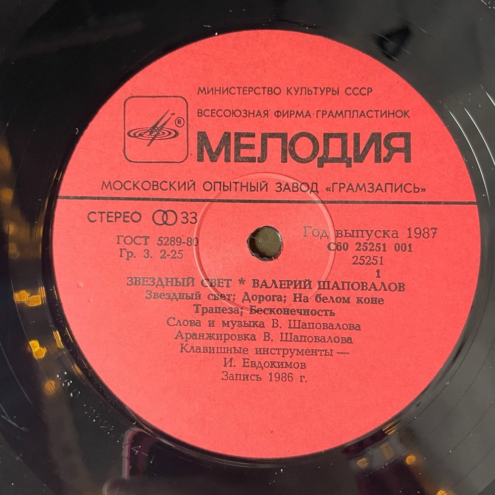 Винтажная виниловая пластинка LP Валерий Шаповалов Звездный Свет (СССР 1987)
