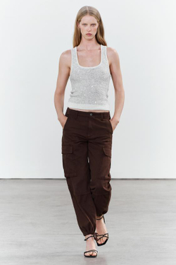 ZARA ТРИКОТАЖНЫЙ ТОП С ПАЙЕТКАМИ, СЕРЕБРИСТЫЙ