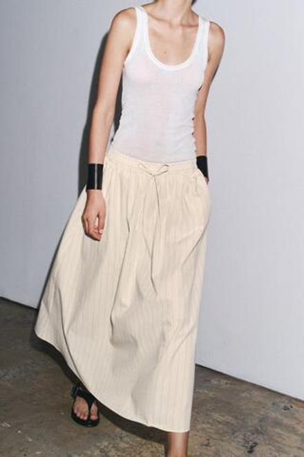 ZARA ЮБКА МИДИ В ПОЛОСКУ — ZW COLLECTION, ЦВЕТ НЕБЕЛЕНОГО ПОЛОТНА/ГРАНАТОВЫЙ