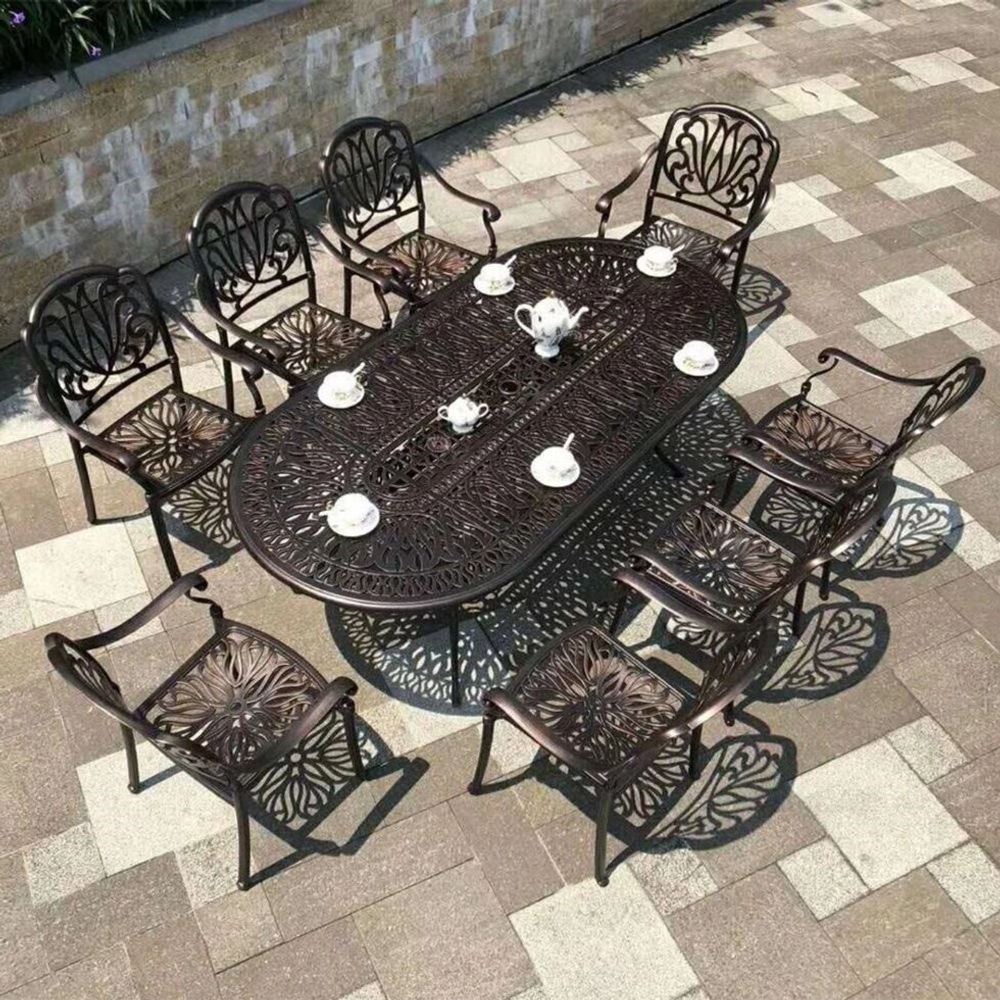 Овальный стол из литого алюминия на 8 персон, античная бронза