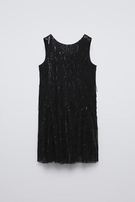 ZARA ПЛАТЬЕ С ПАЙЕТКАМИ И БАХРОМОЙ, ЧЕРНЫЙ
