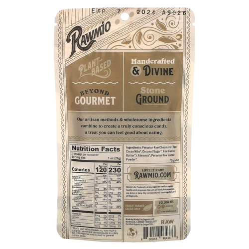 Rawmio, Миндаль в шоколаде, 70% темный необработанный шоколад, 56,7 г (2 унции)