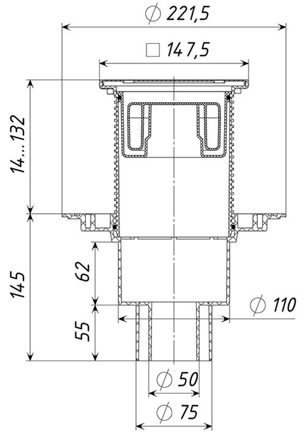 ТП-310 Трап регулируемый с вертикальным выпуском Dn 110/75/50