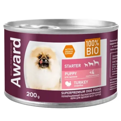 AWARD Консервы для щенков с начала прикорма до 4 месяцев, беременных и кормящих сук, паштет из индейки, 200 г