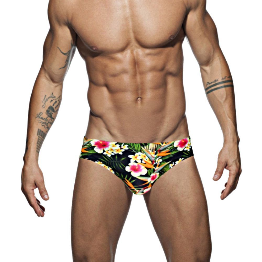 Черные мужские плавки с крупным и ярким тропическим принтом (Размер: XXL) (Цвет: разноцветный)