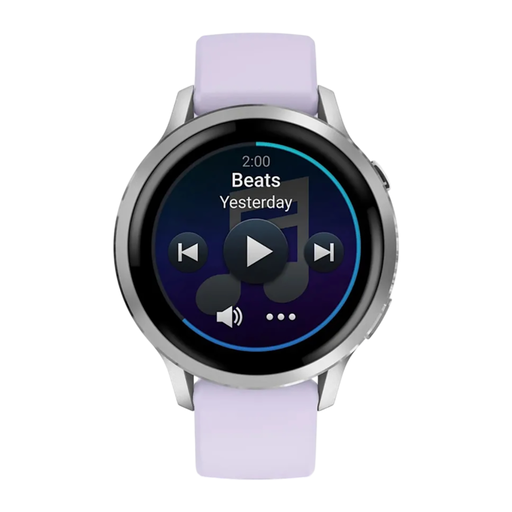 Спортивные часы Garmin Venu 4, 41 мм, силиконовый ремешок цвета «барвинка» Безель из нержавеющей стали серебристого цвета, корпус серебристого цвета, AMOLED-дисплей со стеклом Gorilla Glass. Ремешок с классической застёжкой — на запястье обхватом 110–175