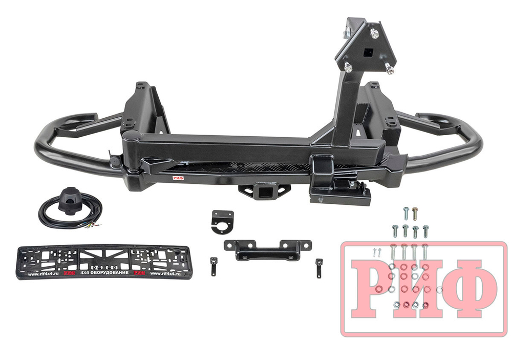 Бампер задний силовой/защита штатного бампера Toyota Land Cruiser Prado 120 c квадратом под фаркоп, калиткой, подсветкой номера РИФ