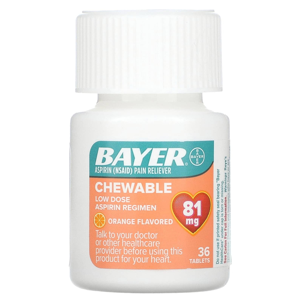 Bayer, Жевательные таблетки с низкой дозой аспирина, апельсин, 81 мг, 36 таблеток