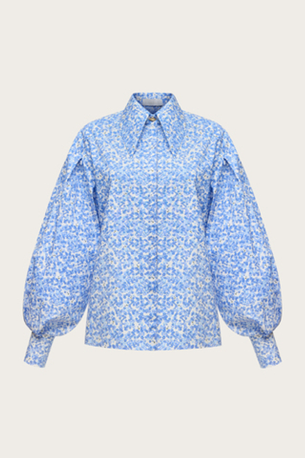 БЛУЗА ИЗ ГОЛУБОГО ХЛОПКА С АВТОРСКИМ ПРИНТРОМ