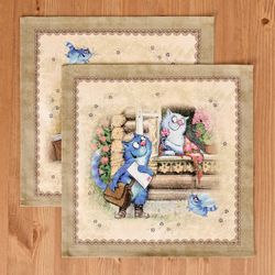 НАБОР САЛФЕТОК ИЗ 2-Х ШТ "СИНИЕ КОТЫ. ЛЮБОВЬ МОЯ",40Х40СМ, 100% ХЛОПОК,ТВИЛ, БЕЖ