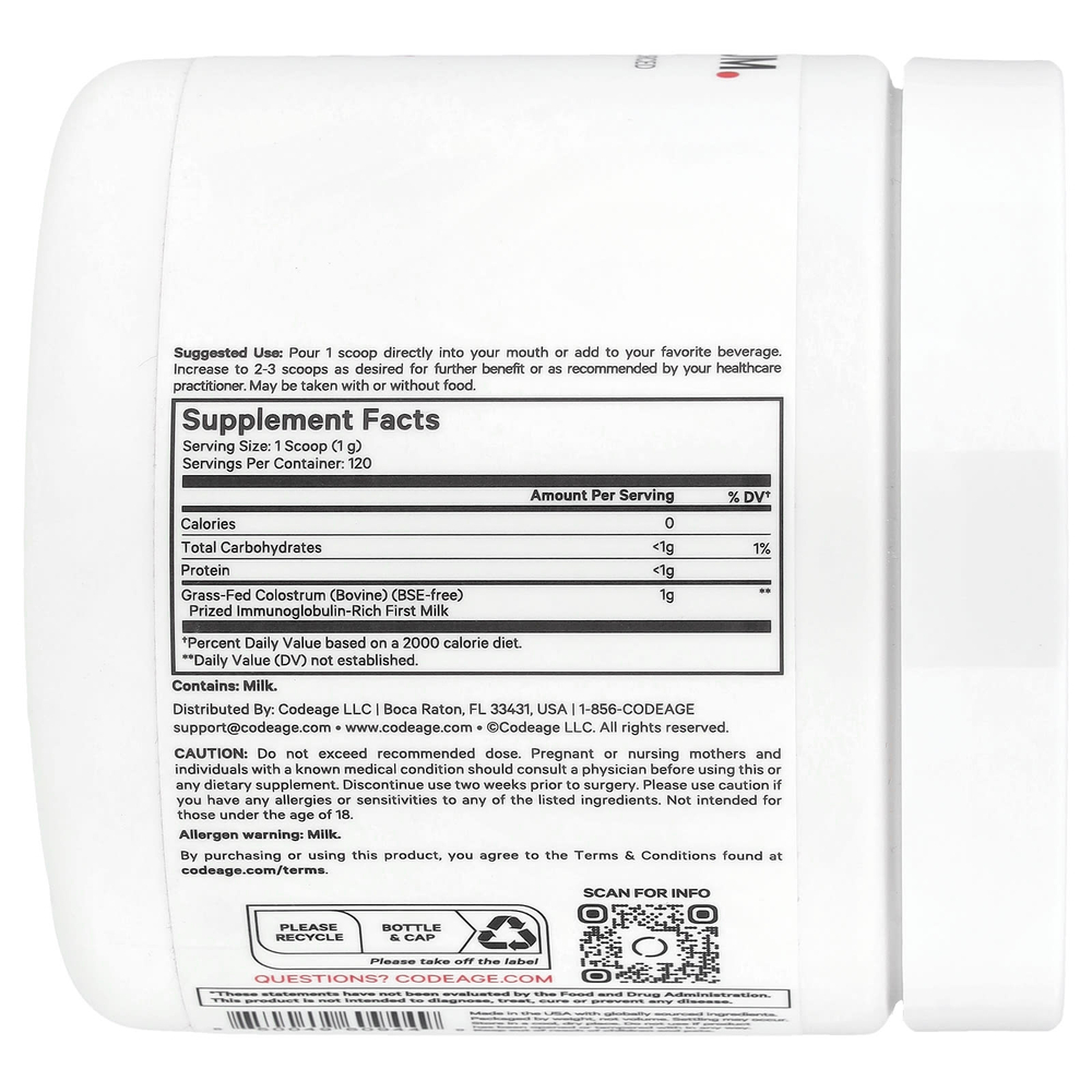 Codeage, Молозиво в порошке, без добавок, 120 г (4,3 унции)