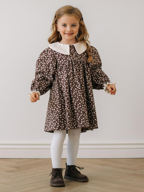 Платье с воротником в цветочек, Коричневый