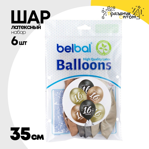 Шар латексный 35см Набор 6 шт Юбилей - 16 (Ассорти)