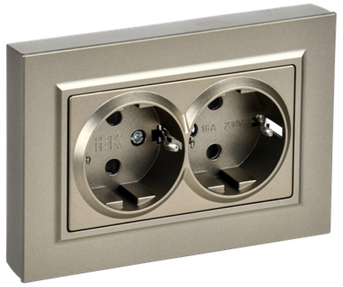 BRITE Розетка 2-местная с заземлением с защитными шторками плоская 16А в сборе РСшПл12-3-БрШ шампань IEK