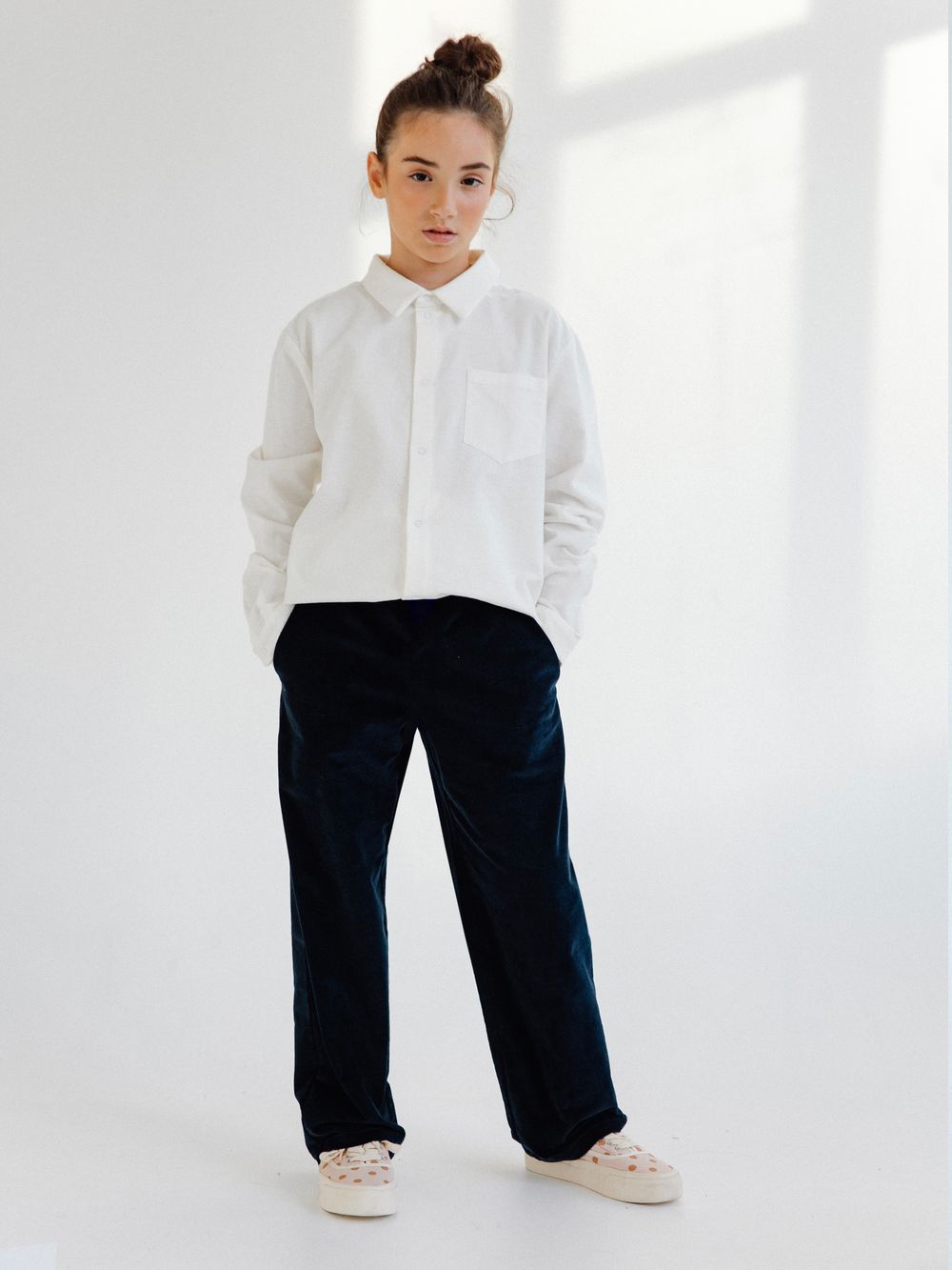 Брюки широкие из микровельвета ТЕМНО-СИНИЙ