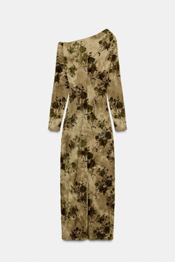 ZARA ПЛАТЬЕ ИЗ ФЛОКА СО СБОРКАМИ, СВЕТЛО-БЕЖЕВЫЙ